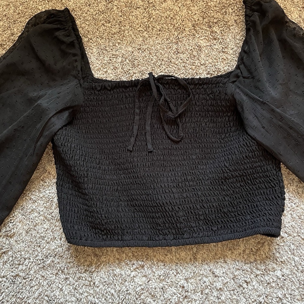 Long Sleeve Crop Top Ruched Wrap Square Neck Flounce Blouse Black Size L